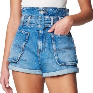 Blank NYC Overboard Paper Bag Belted High Waisted Denim Short Blue Shorts 27